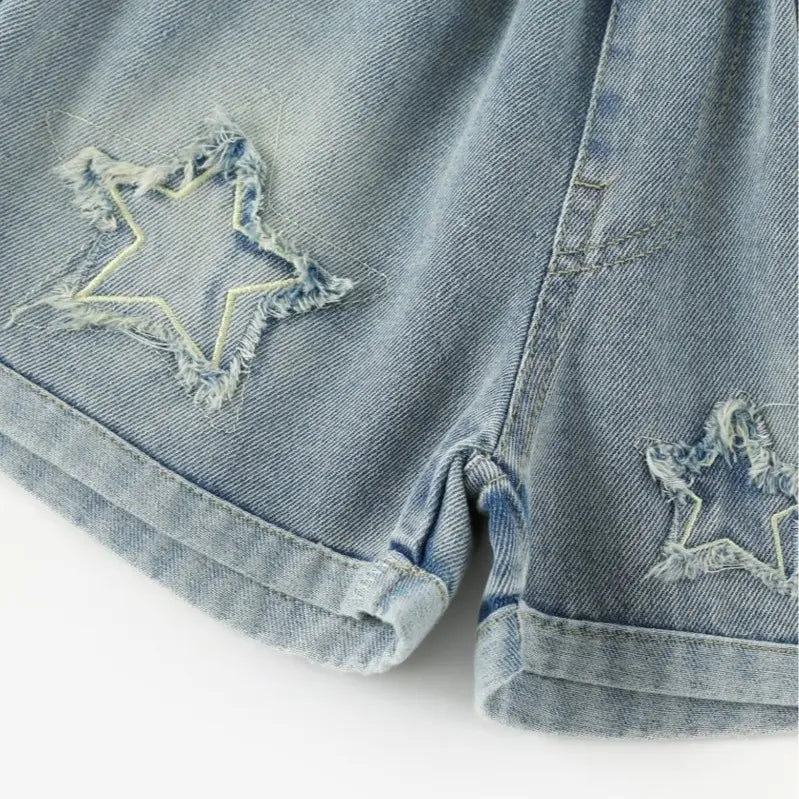 Girls' Star Distressed Denim Shorts, Cute Raw Hem Jean Shorts with Star Embroidery, Elastic High Waist Kids' Wide Leg Shorts for 4-16 Years, Summer Fashion