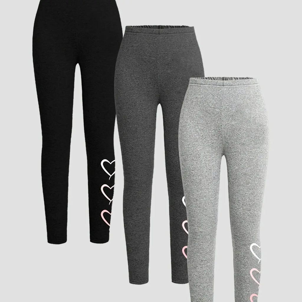 3 Piece Set Girls Solid Heart Pattern Casual Print Pants, All-Season Wear, Suitable for Ages 3+, Slim-Fitting, Comfortable Bottoms