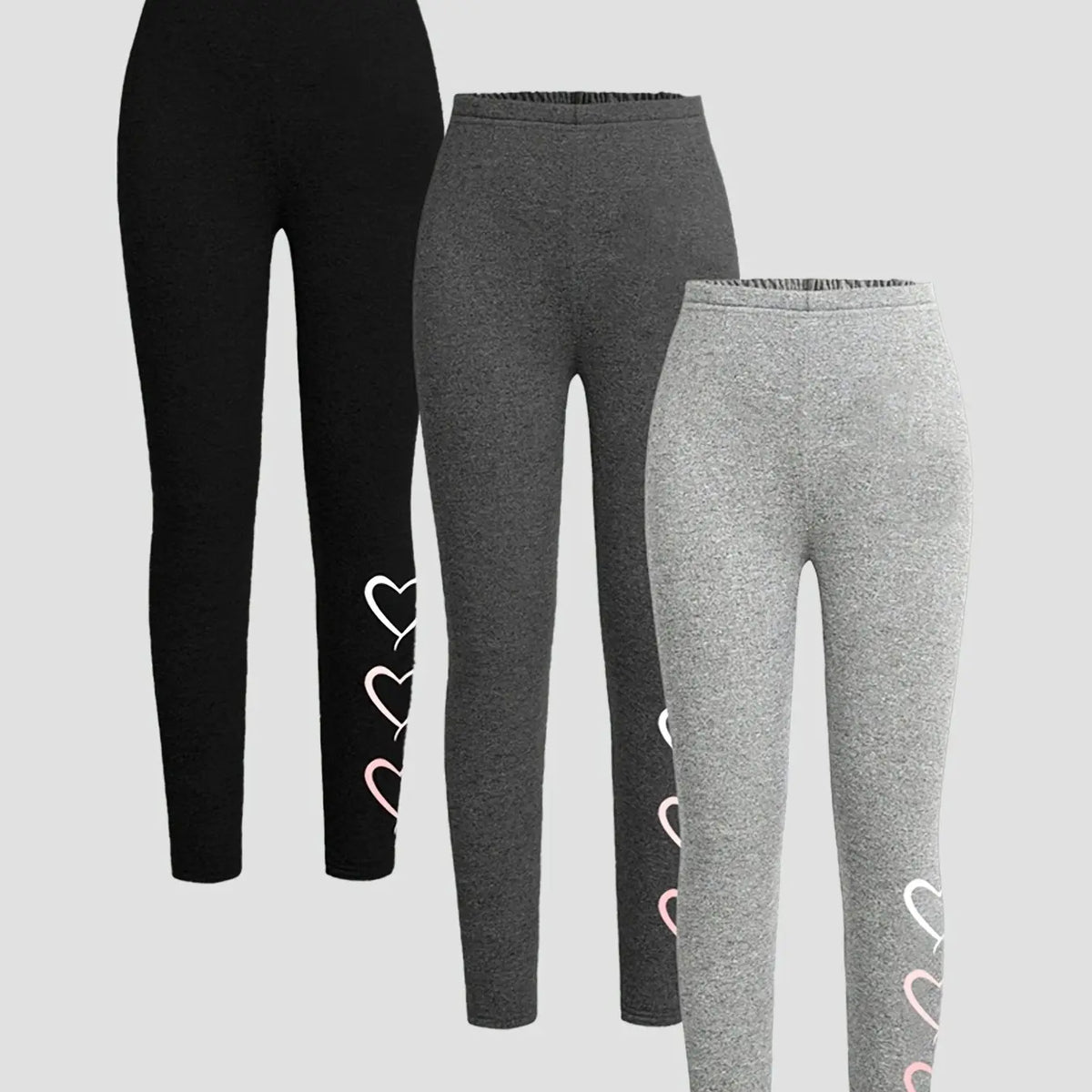 3 Piece Set Girls Solid Heart Pattern Casual Print Pants, All-Season Wear, Suitable for Ages 3+, Slim-Fitting, Comfortable Bottoms