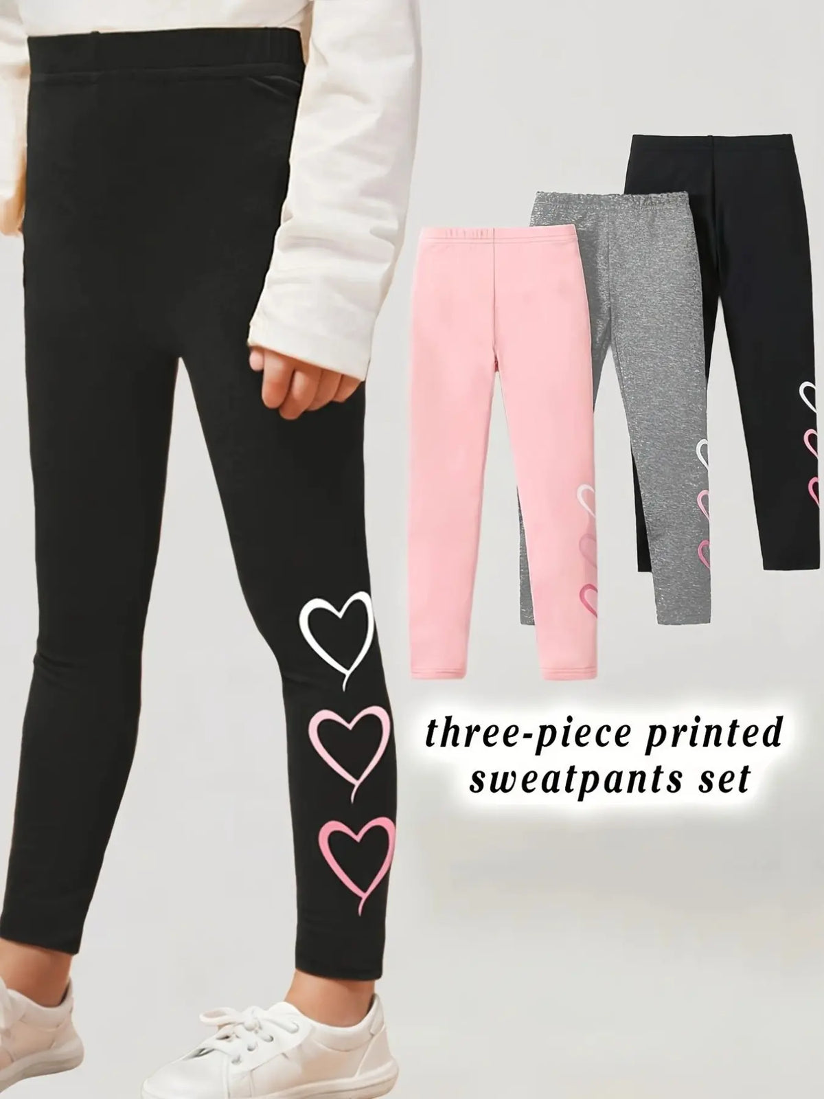 3 Piece Set Girls Solid Heart Pattern Casual Print Pants, All-Season Wear, Suitable for Ages 3+, Slim-Fitting, Comfortable Bottoms