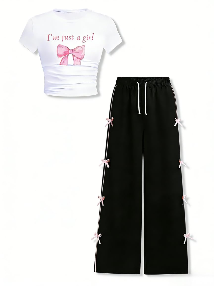 Tween Girls Clothes Short Sleeve Graphic T-Shirt Top + Bow Knot Pants 2 Piece Outfit Set, Size 7-16Years