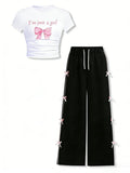 Tween Girls Clothes Short Sleeve Graphic T-Shirt Top + Bow Knot Pants 2 Piece Outfit Set, Size 7-16Years