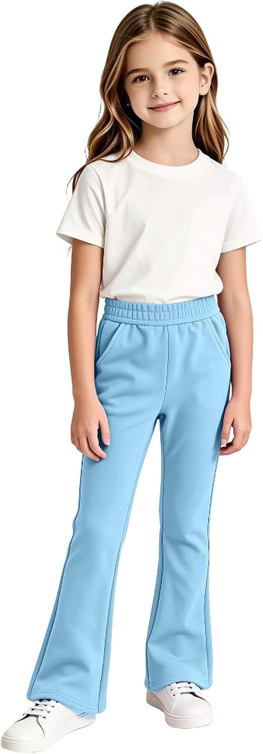 Girls Sweatpants Kids Stretchy Elastic Waist Flare Leg Fleece Cute Uniform Track Sweat Pants with Pockets 5-14 Years