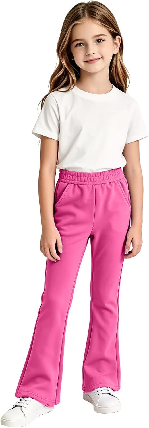 Girls Sweatpants Kids Stretchy Elastic Waist Flare Leg Fleece Cute Uniform Track Sweat Pants with Pockets 5-14 Years