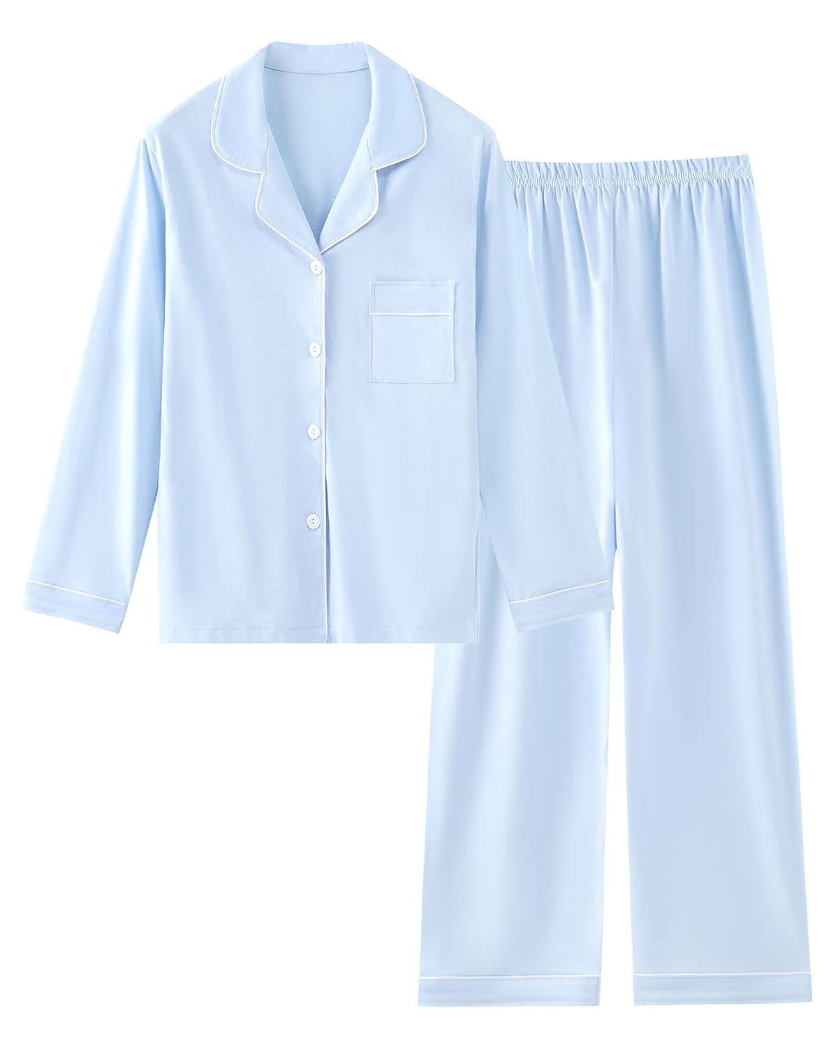 Schbbbta Girls Women Cotton Pajama Set, 2Pcs Soft Stretch Button Down Pjs Long Sleeve Sleepwear, 5 Years-Large