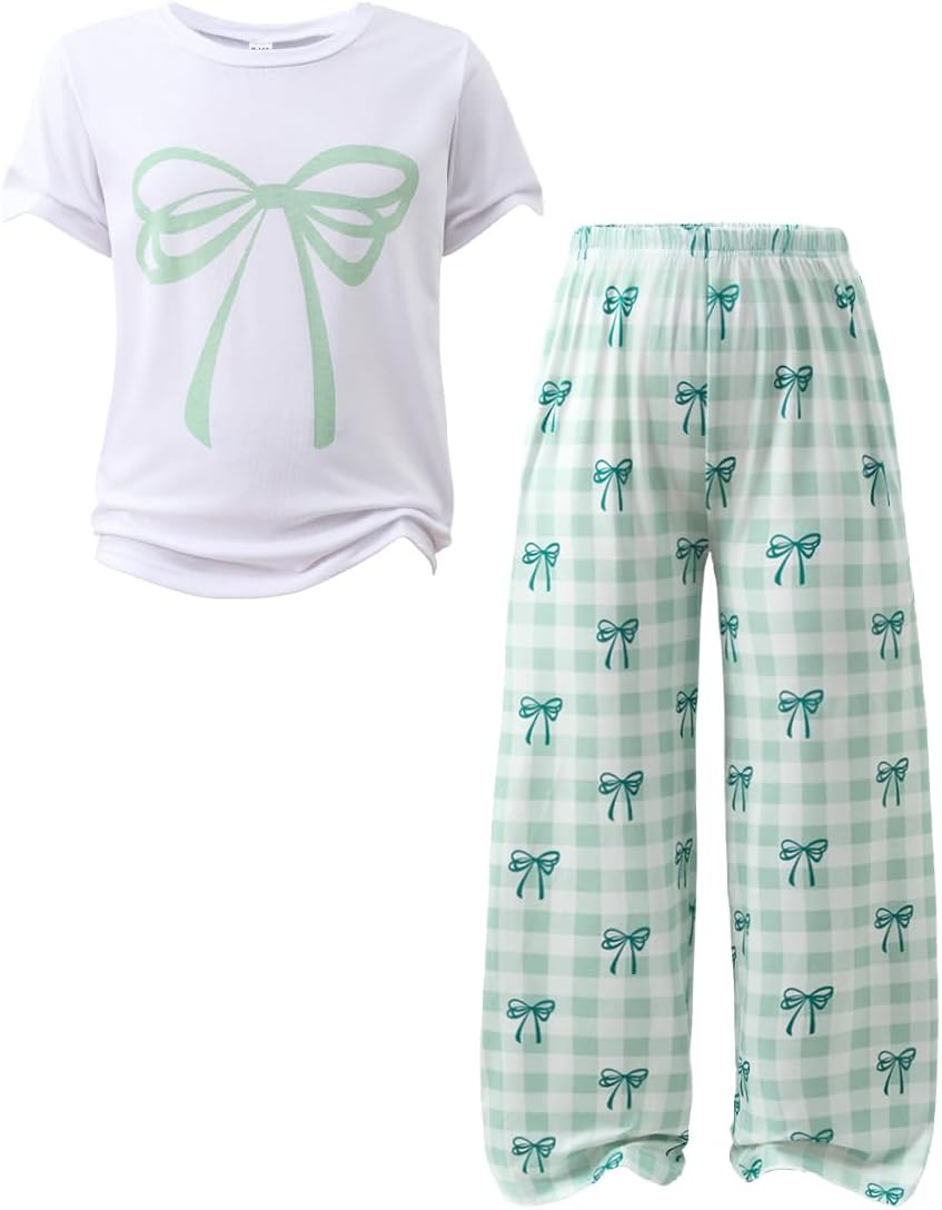 Tween Girls Cute Clothes Bow Print Solid Top + Matching Bow Gingham Pants Outfit Set 9-16 Years