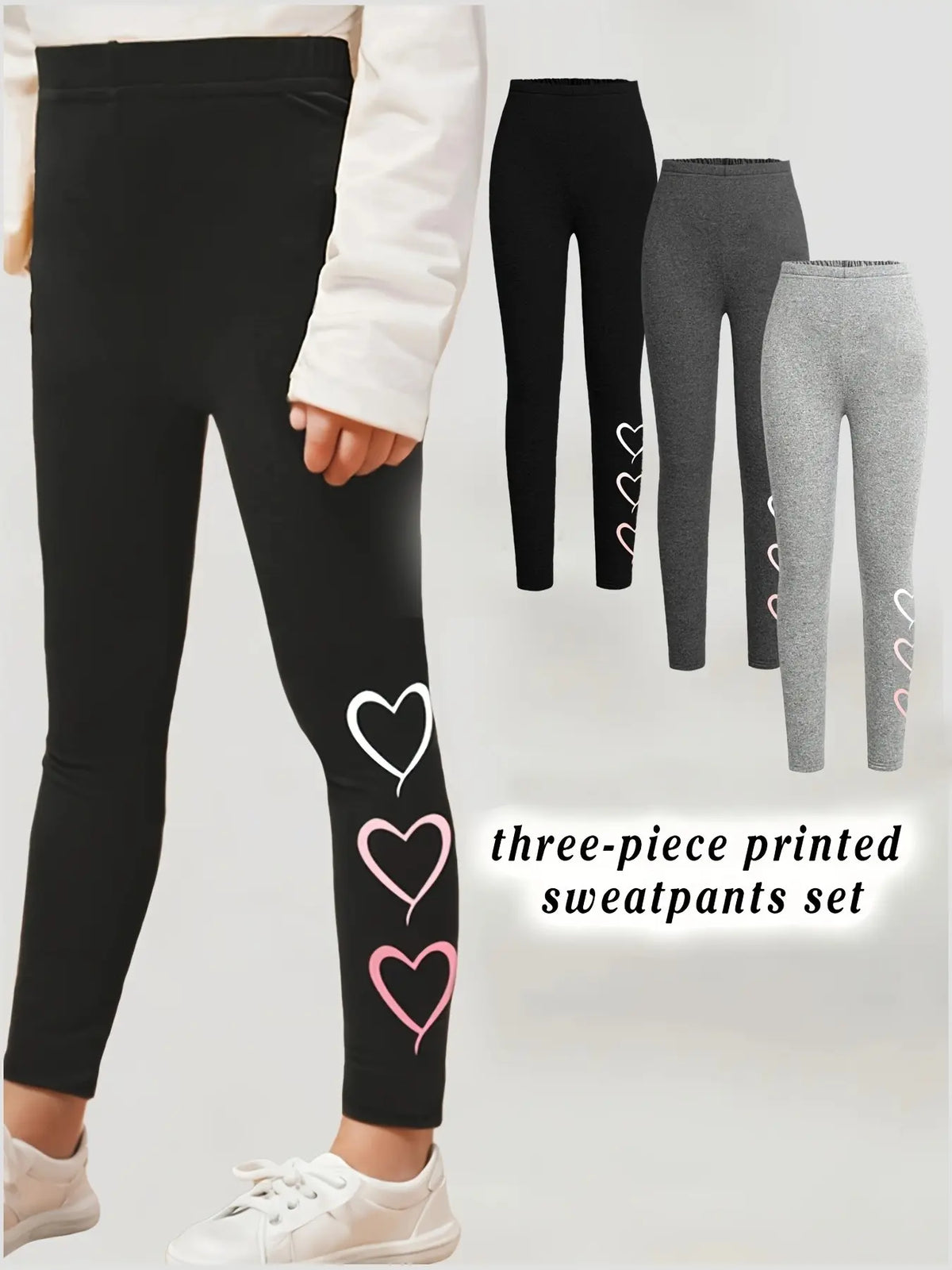 3 Piece Set Girls Solid Heart Pattern Casual Print Pants, All-Season Wear, Suitable for Ages 3+, Slim-Fitting, Comfortable Bottoms