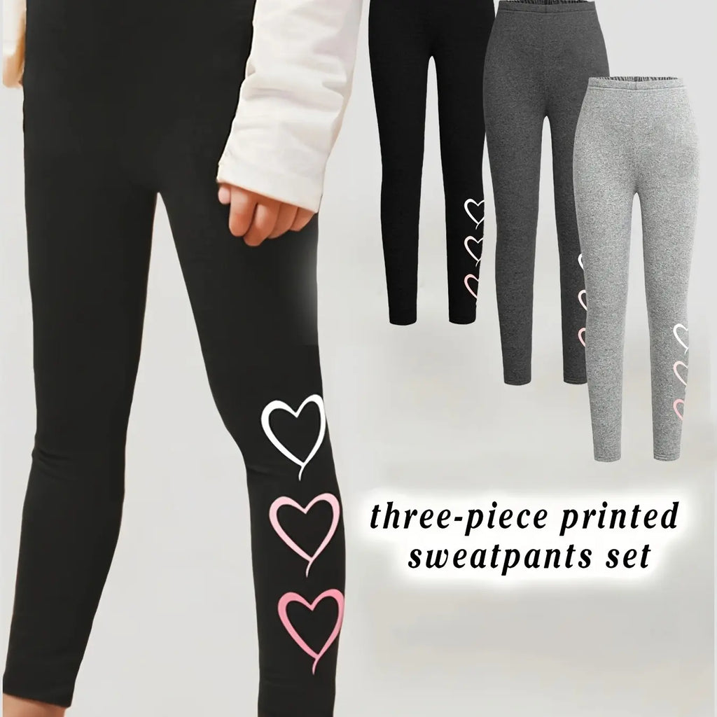 3 Piece Set Girls Solid Heart Pattern Casual Print Pants, All-Season Wear, Suitable for Ages 3+, Slim-Fitting, Comfortable Bottoms