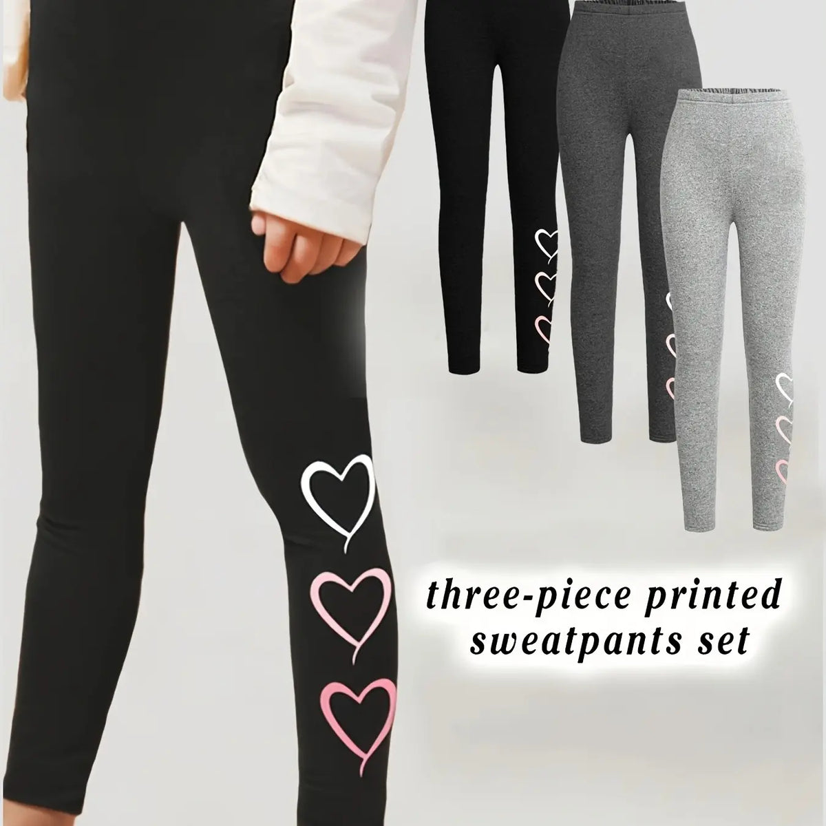 3 Piece Set Girls Solid Heart Pattern Casual Print Pants, All-Season Wear, Suitable for Ages 3+, Slim-Fitting, Comfortable Bottoms