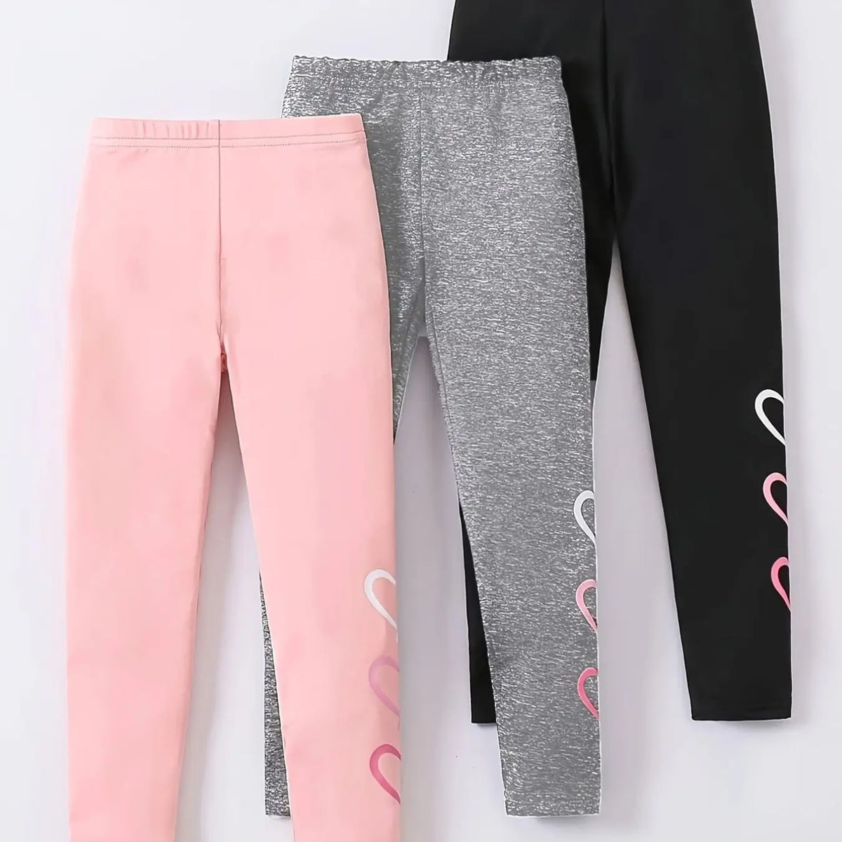 3 Piece Set Girls Solid Heart Pattern Casual Print Pants, All-Season Wear, Suitable for Ages 3+, Slim-Fitting, Comfortable Bottoms