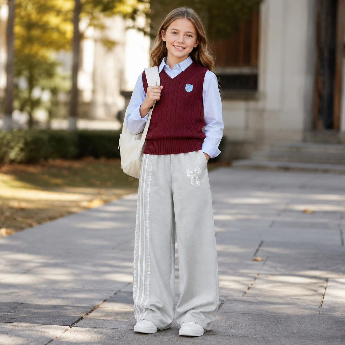 2 Pack Girls Wide Leg Sweatpants Bow Print Side Stripe Baggy Track Pants