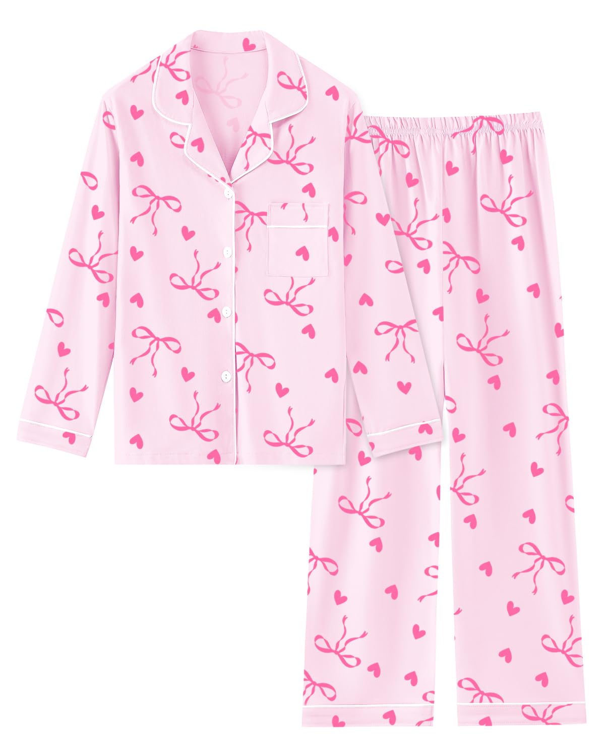 Schbbbta Girls Women Cotton Pajama Set, 2Pcs Soft Stretch Button Down Pjs Long Sleeve Sleepwear, 5 Years-Large