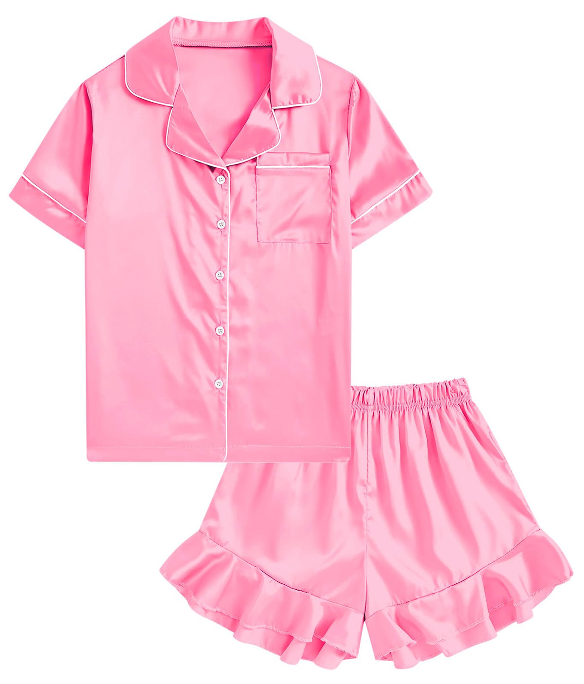 UNIFACO Girls Silk Satin Pajama Set, Short Sleeve Button Down PJs