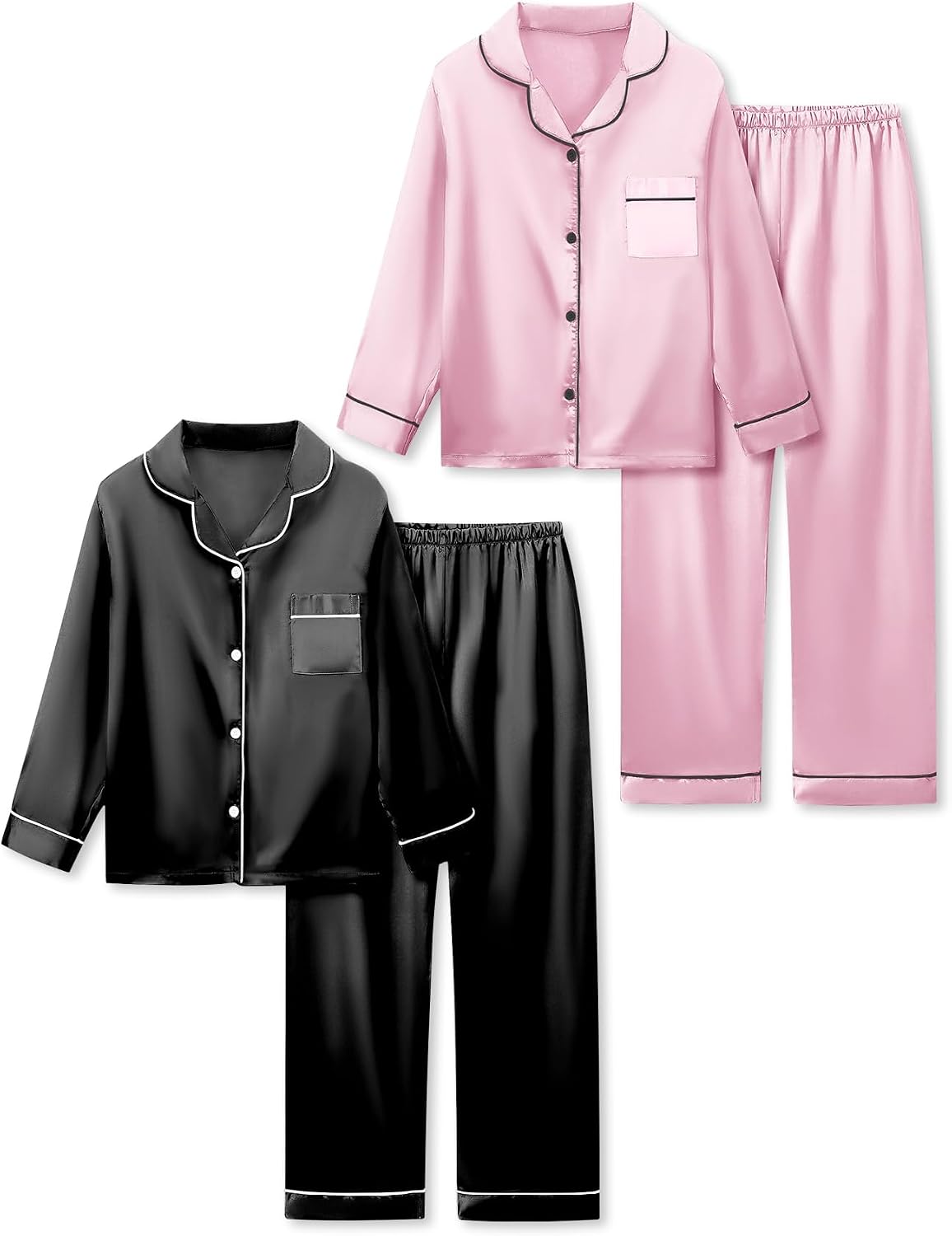Satin Pajamas for Girls, 4-Piece Long Sleeve Silky Button Down PJ Set