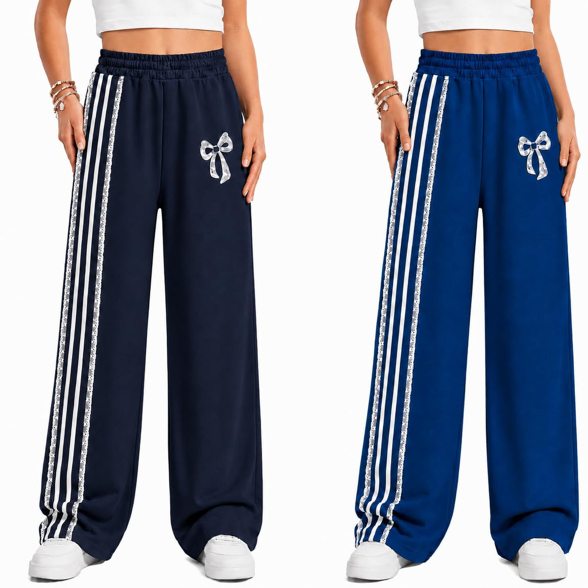 2 Pack Girls Wide Leg Sweatpants Bow Print Side Stripe Baggy Track Pants