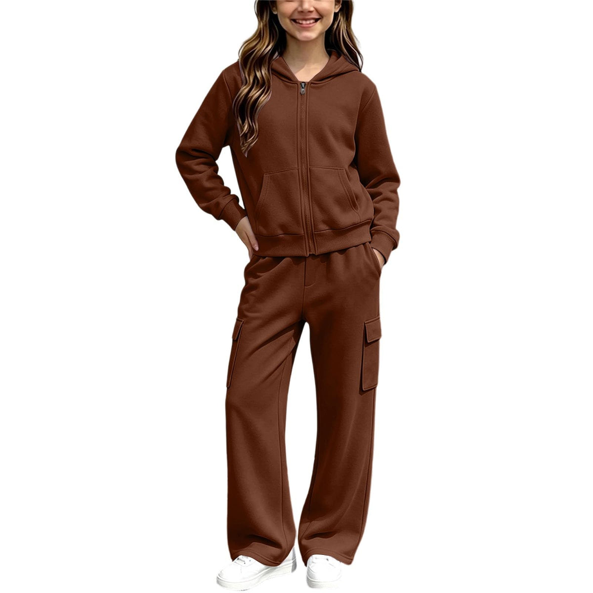 Girls Sweatsuit Fall Winter Kid Zip Up Hoodie And Cargo Sweatpants Set