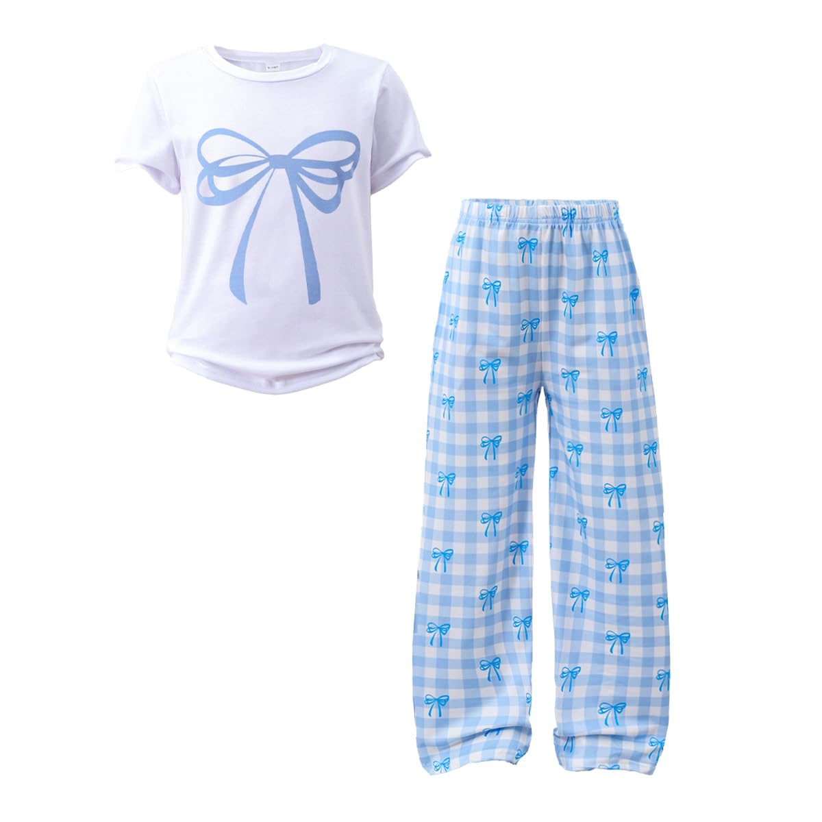 Tween Girls Cute Clothes Bow Print Solid Top + Matching Bow Gingham Pants Outfit Set 9-16 Years