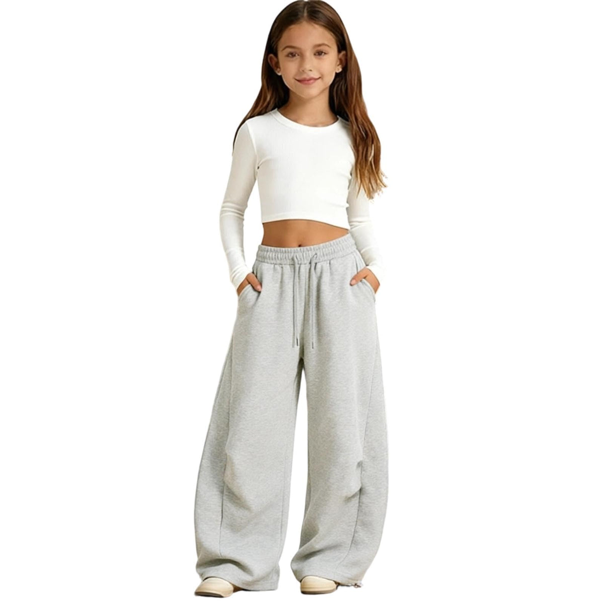 Girls Sweatpants Baggy Barrel Wide Leg Pants Drawstring Open Bottom Casual Sweat Trousers with Pockets 5-15 Years