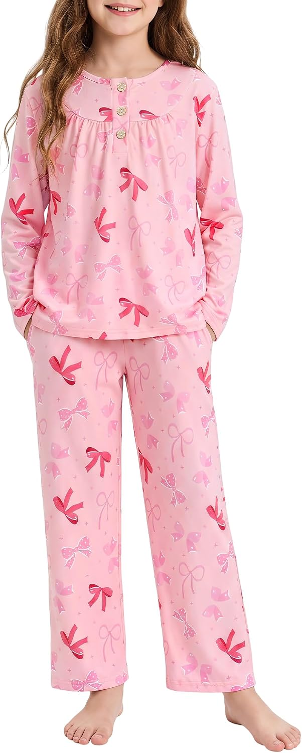 CARETOO Girls Pajamas Button Long Sleeve 2 Piece Pajama Set with Pants Printed Kids Sleepwear PJs for Girls 5-14 Years