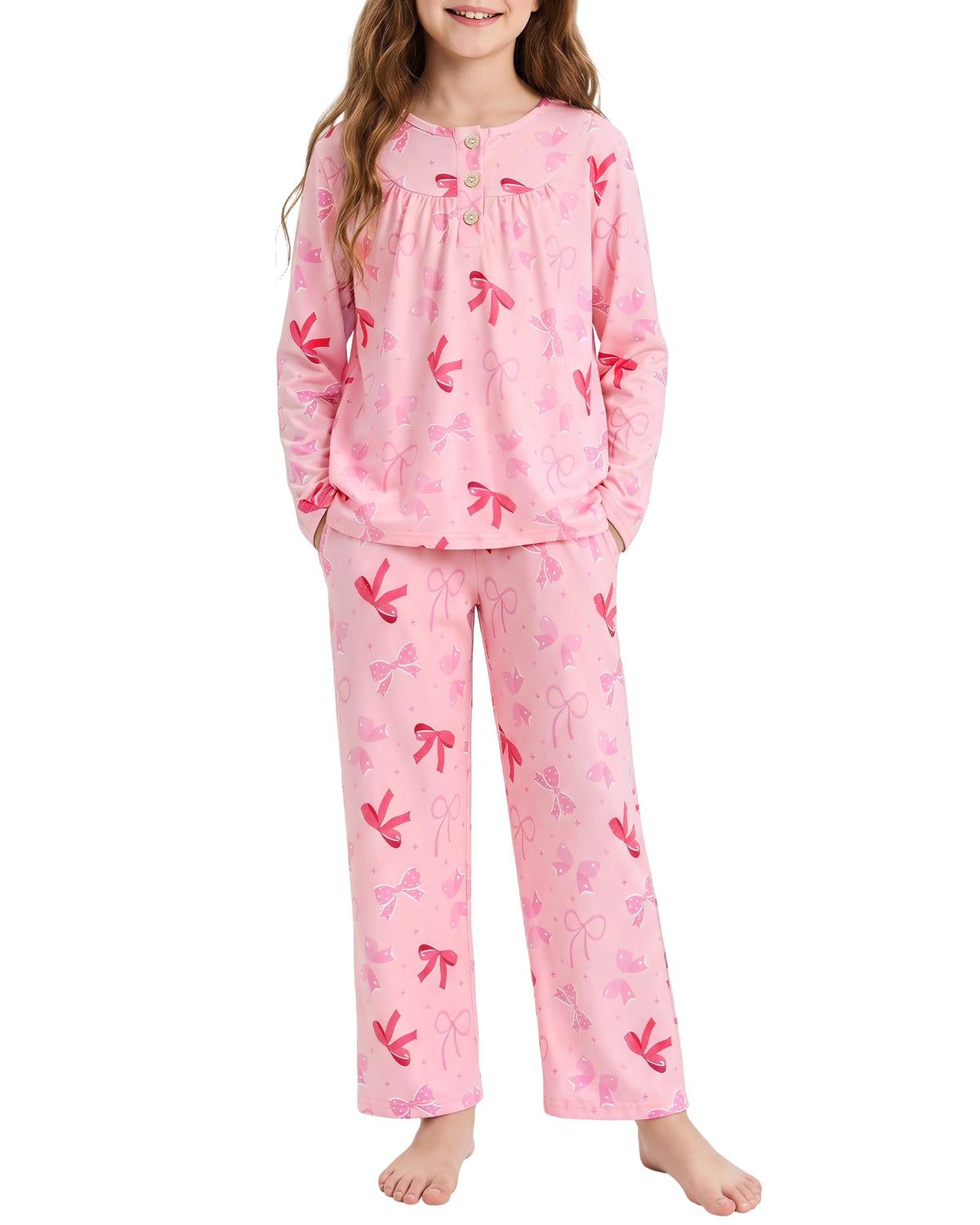 CARETOO Girls Pajamas Button Long Sleeve 2 Piece Pajama Set with Pants Printed Kids Sleepwear PJs for Girls 5-14 Years