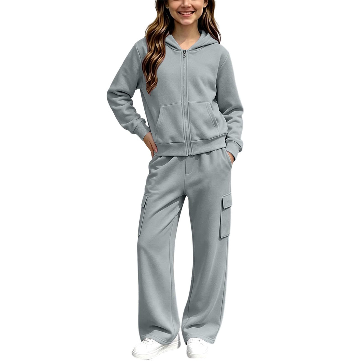 Girls Sweatsuit Fall Winter Kid Zip Up Hoodie And Cargo Sweatpants Set