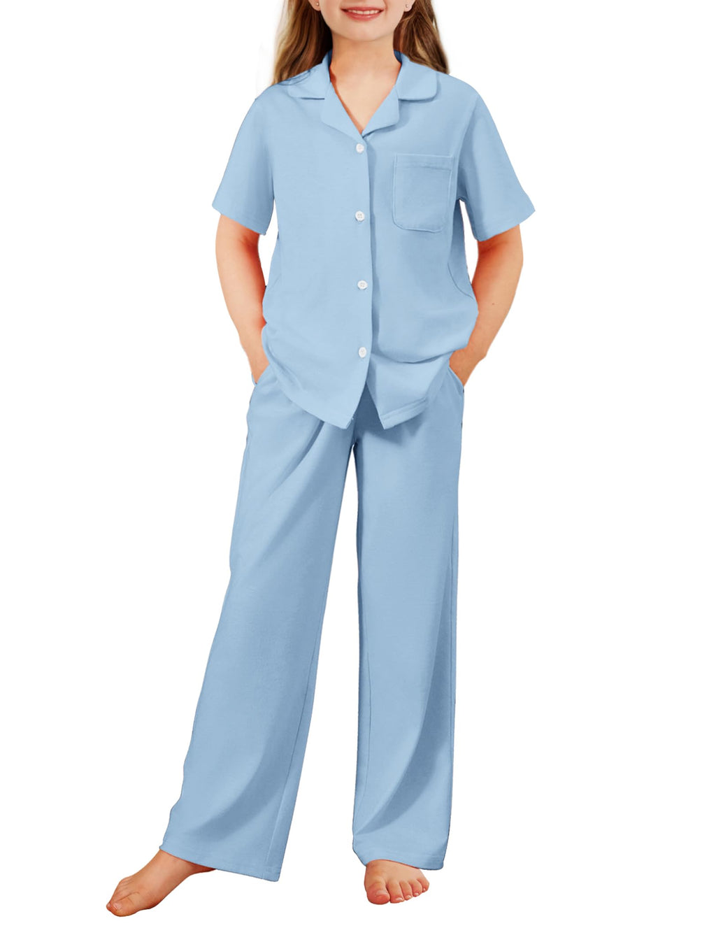 Arshiner Pajamas for Girls Short Sleeve Long Pants Sleepwear Button Pjs Set