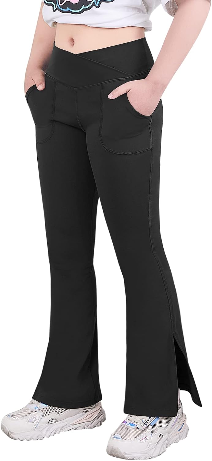 Teen Girls Bootcut Yoga Pants Kids Active Crossover Split Hem Flare Leggings with Pockets