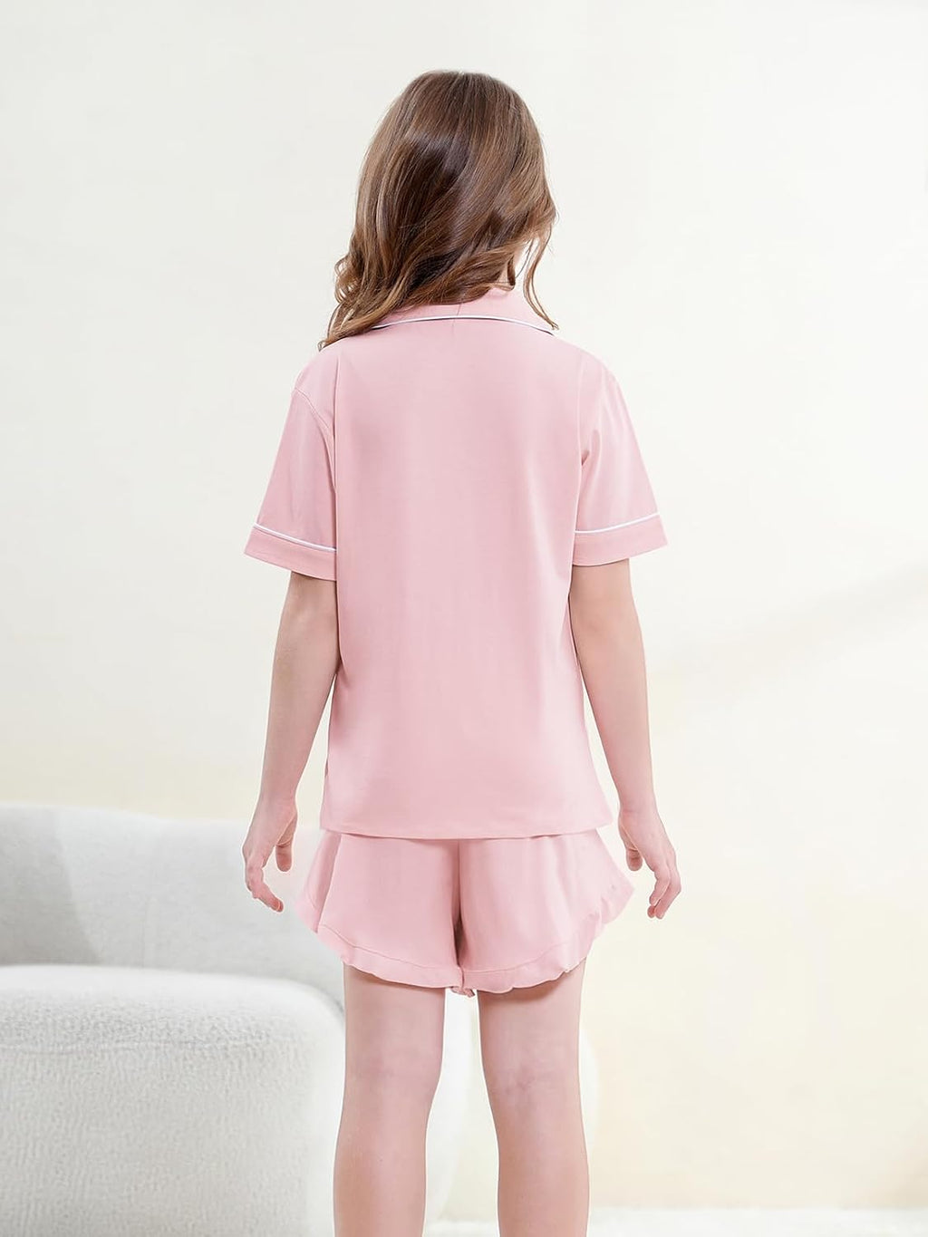 QZH.DUAO Girls & Women Pajama Sets Cotton Sleepwear Button Down Short Sleeve With Ruffle Shorts PJS 5 Years-Large