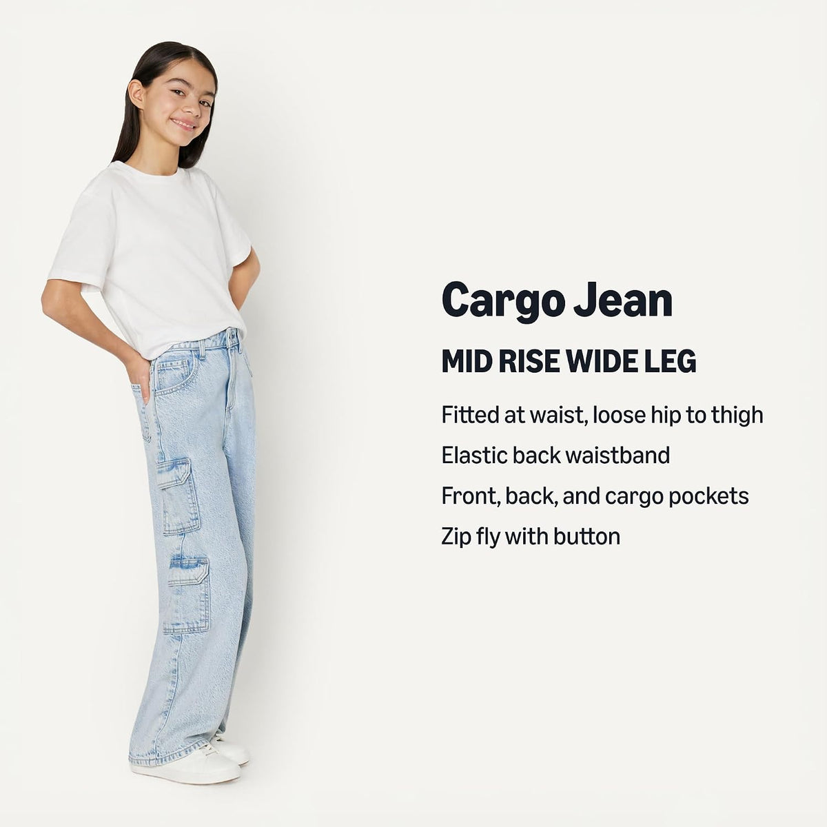Amazon Essentials Girls' Ultra Soft Relaxed-Fit Wide Leg Cargo Jeans
