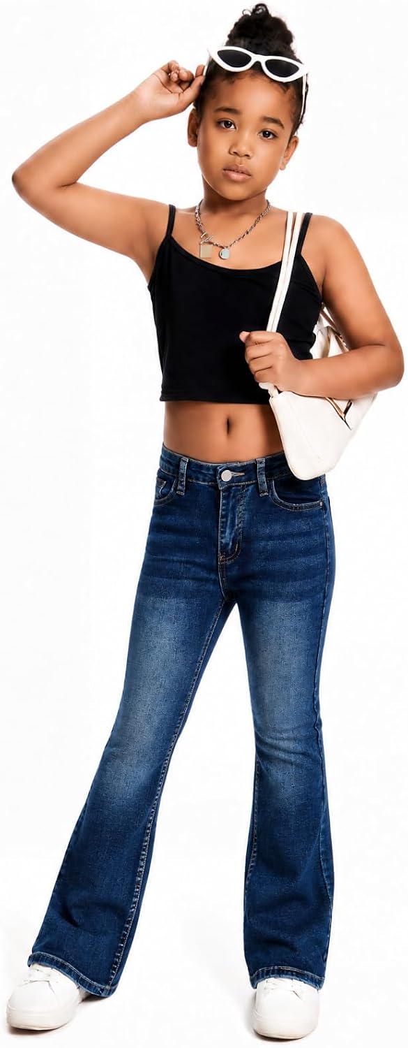 Girls Baggy Ripped Jeans Wide Straight Leg High Waisted Denim Pants 7-14Y