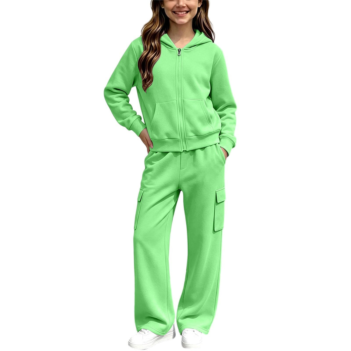 Girls Sweatsuit Fall Winter Kid Zip Up Hoodie And Cargo Sweatpants Set