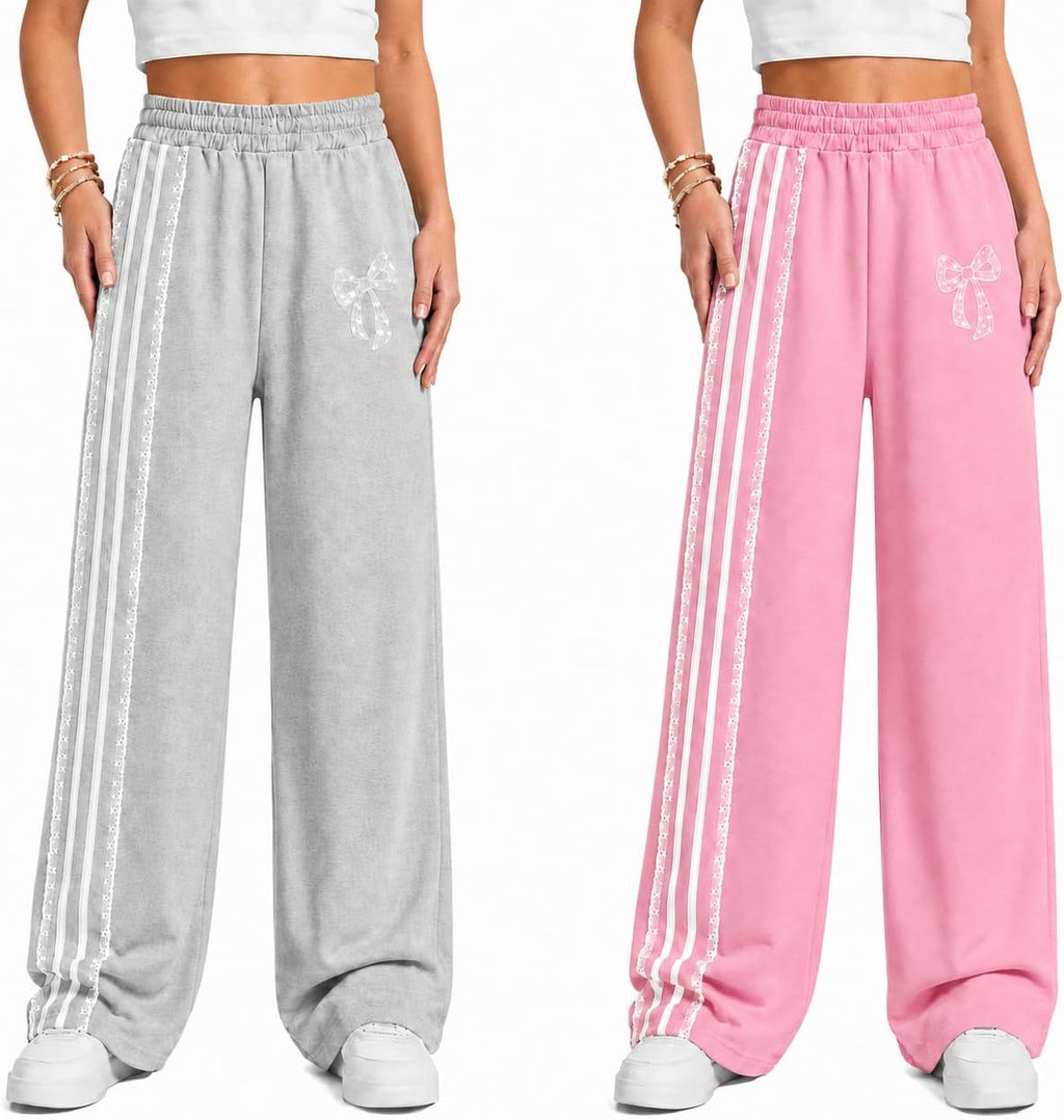 2 Pack Girls Wide Leg Sweatpants Bow Print Side Stripe Baggy Track Pants