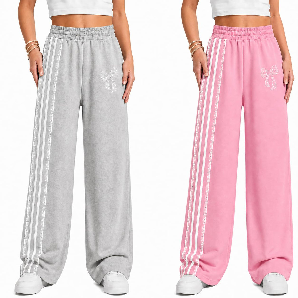 2 Pack Girls Wide Leg Sweatpants Bow Print Side Stripe Baggy Track Pants