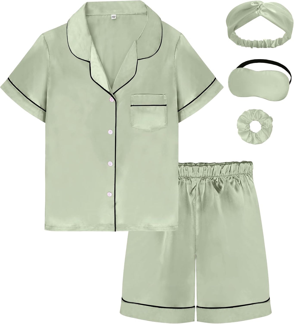 EPLAZA 2Pcs Kids Satin Pajamas Sets Girls Silk Pajamas Button-Down Pjs Set