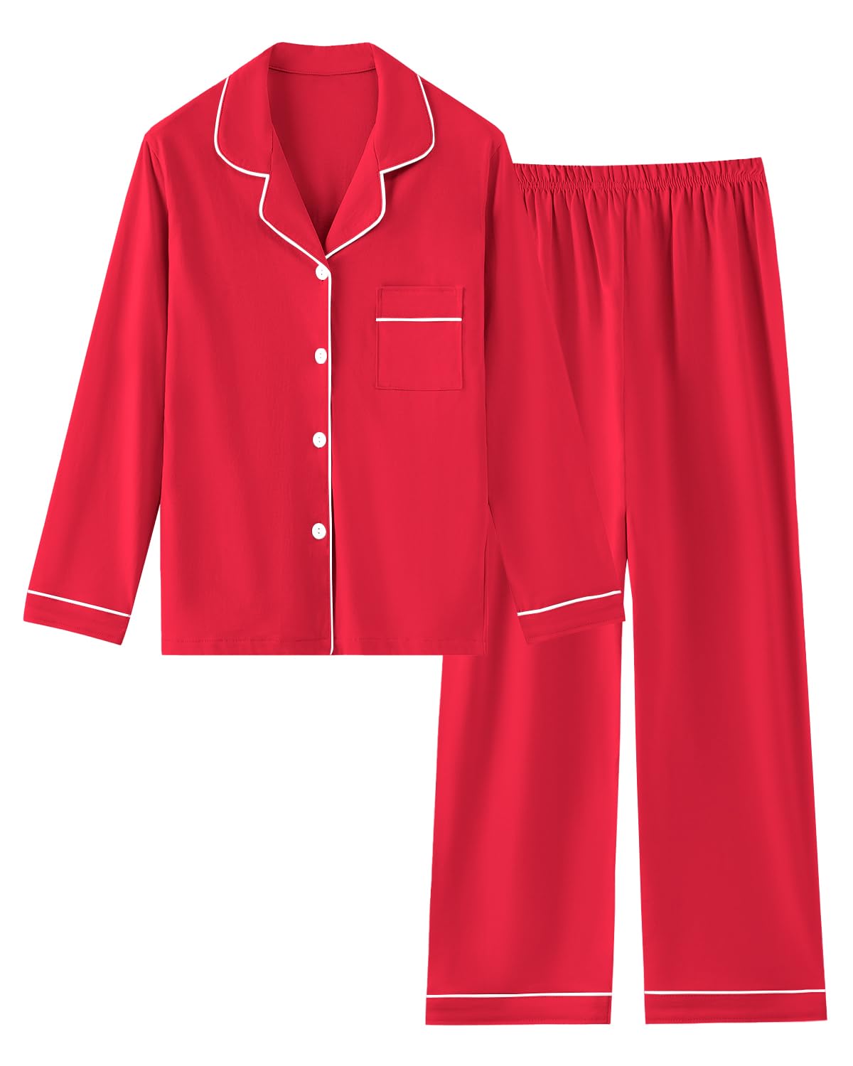 Schbbbta Girls Women Cotton Pajama Set, 2Pcs Soft Stretch Button Down Pjs Long Sleeve Sleepwear, 5 Years-Large