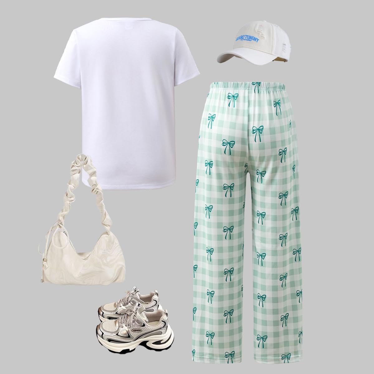 Tween Girls Cute Clothes Bow Print Solid Top + Matching Bow Gingham Pants Outfit Set 9-16 Years