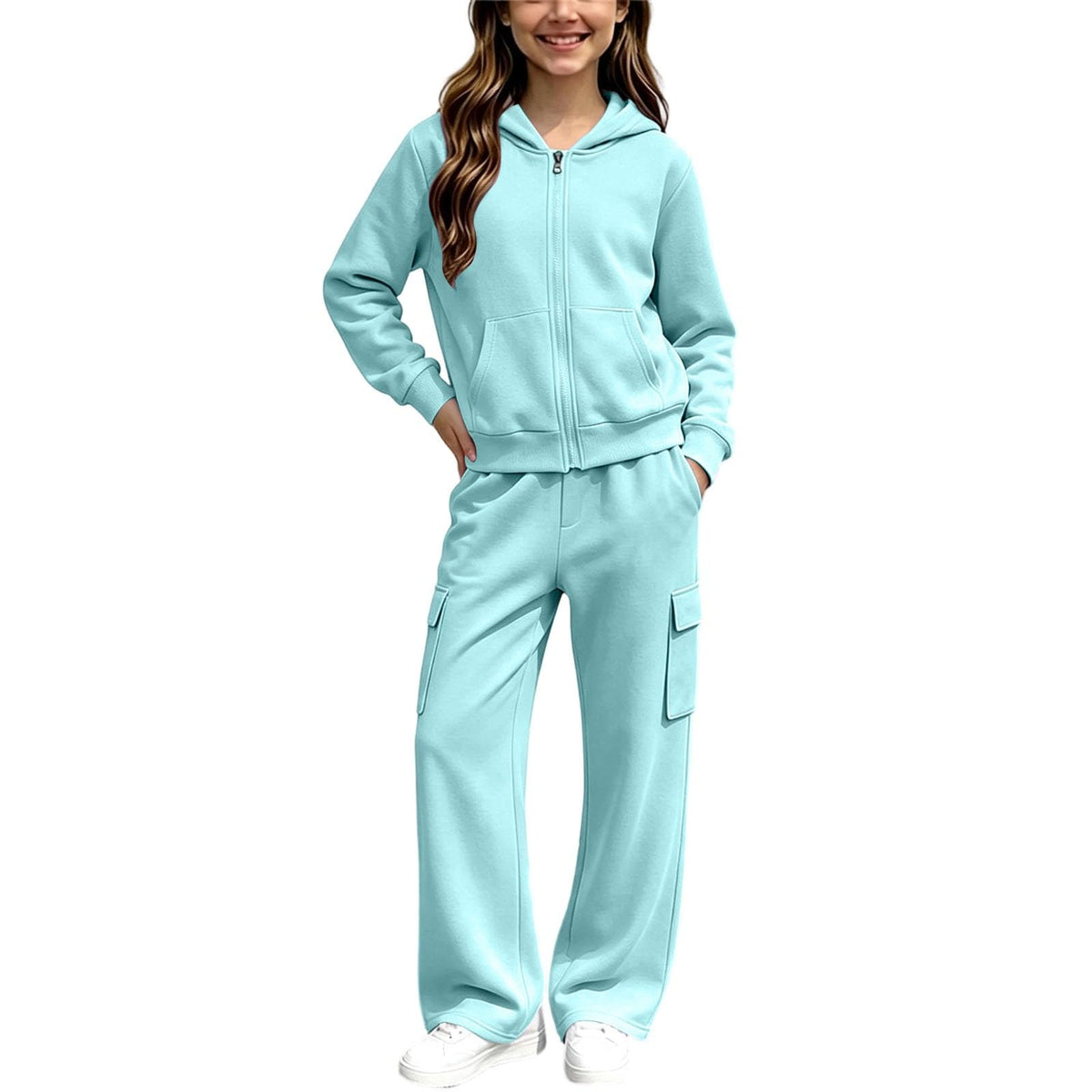 Girls Sweatsuit Fall Winter Kid Zip Up Hoodie And Cargo Sweatpants Set