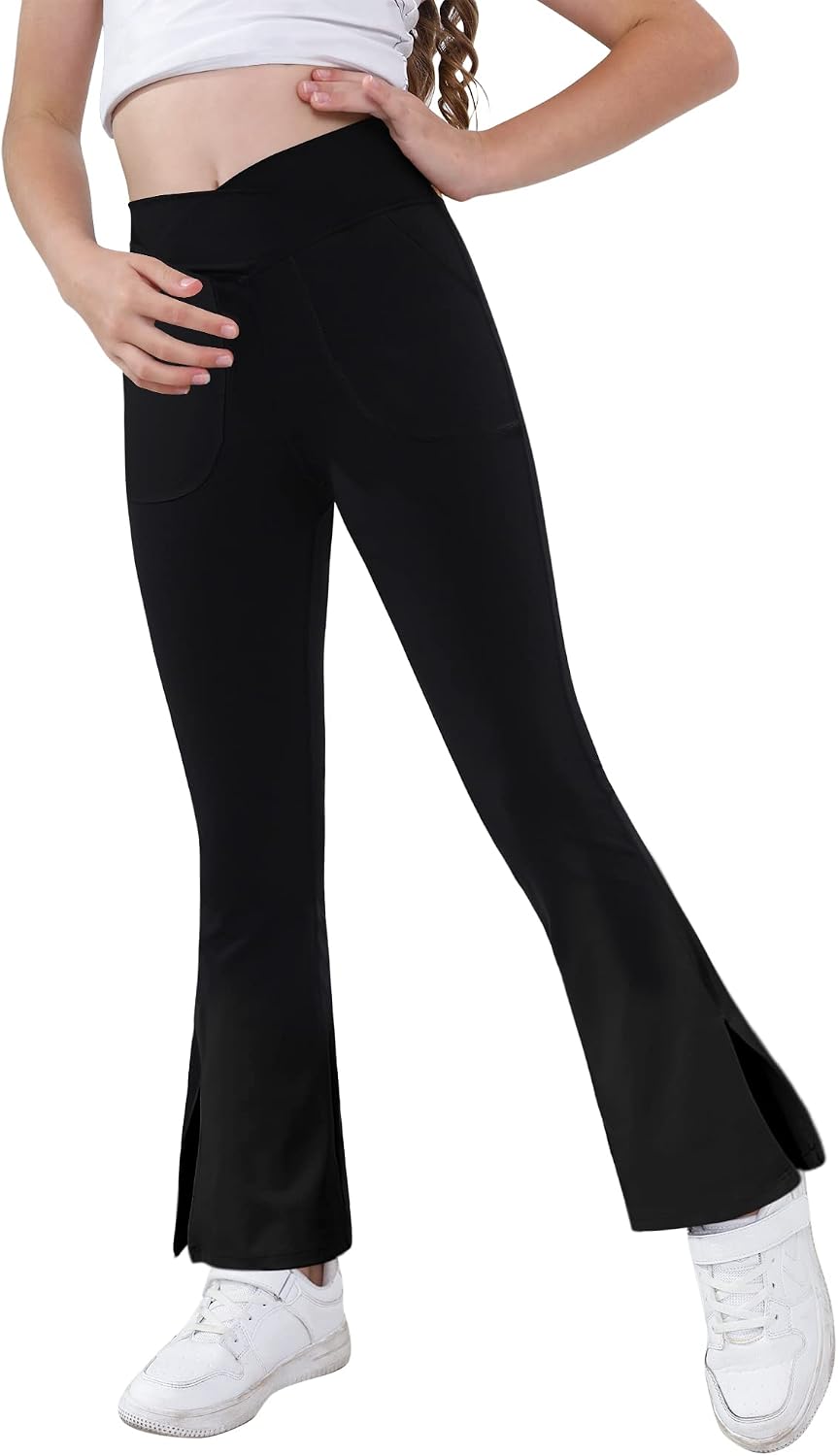 Teen Girls Bootcut Yoga Pants Kids Active Crossover Split Hem Flare Leggings with Pockets