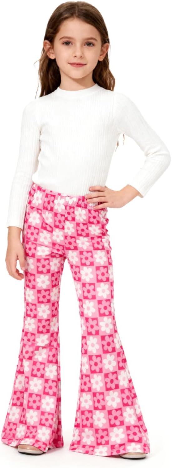Girl's Flare Leggings High Waist Bell Bottom Pants Dance Casual Pants Kids Print Stretch Hippie Pants 5-14 Year