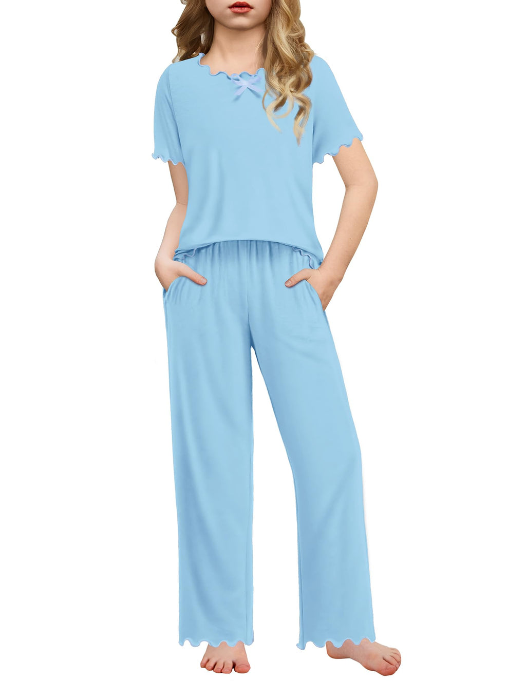 Arshiner Girls Pajamas Short Sleeve Long Pant Sleepwear Soft Shirring Pjs