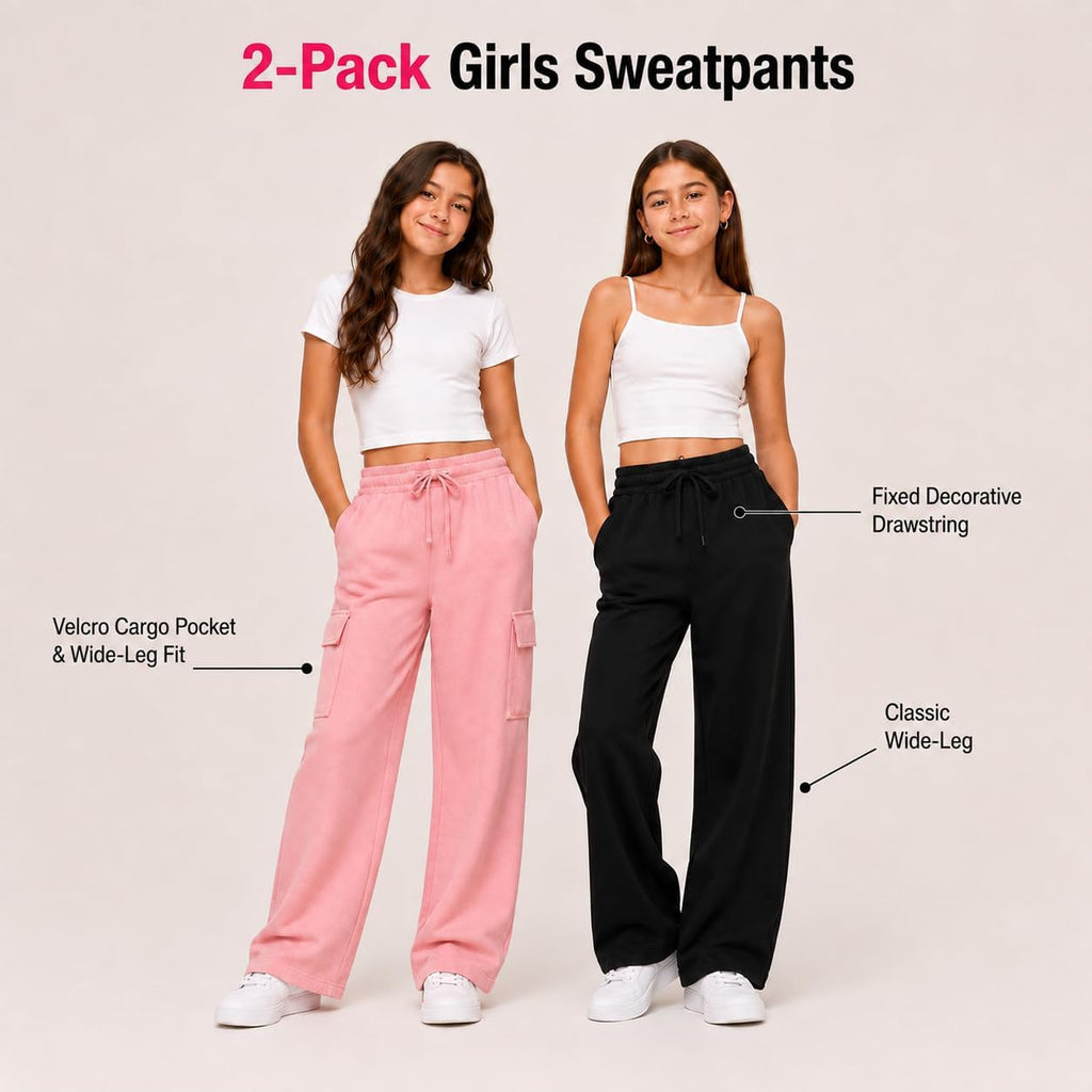 Forever 21 Girls 2-Pack Wide Leg Cargo Fleece Sweatpants with Pockets, 4-16