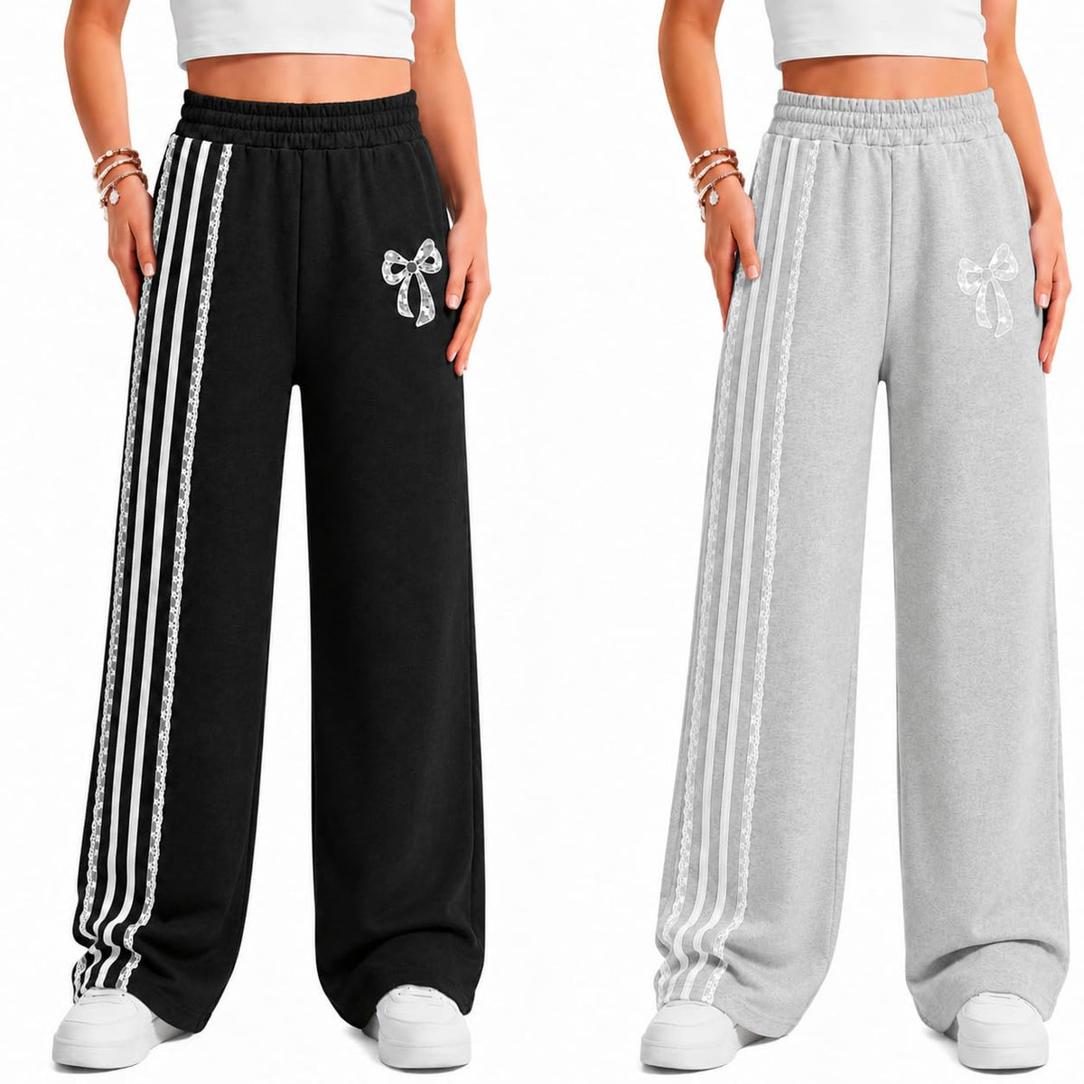 2 Pack Girls Wide Leg Sweatpants Bow Print Side Stripe Baggy Track Pants