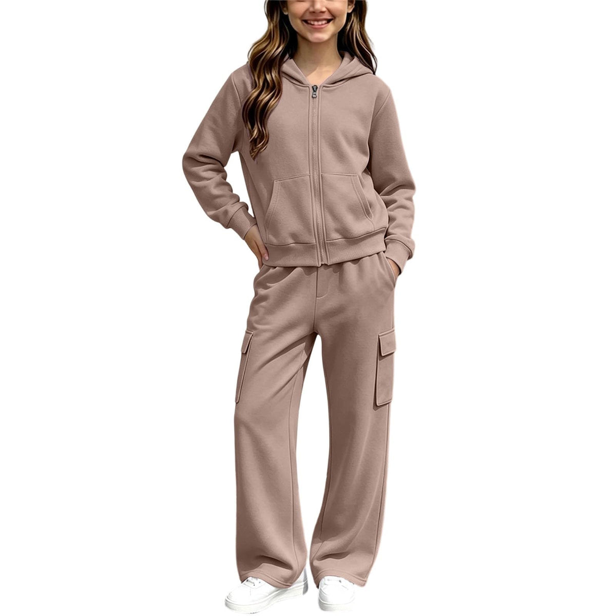 Girls Sweatsuit Fall Winter Kid Zip Up Hoodie And Cargo Sweatpants Set