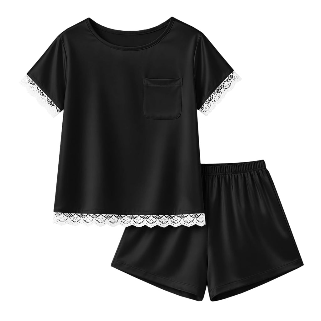 rrhss Girls Silk Satin Pajamas Kids Lace Trim Short Sleeve Shirt and Shorts Pajama Set Pjs Sleepwear 5-14Y