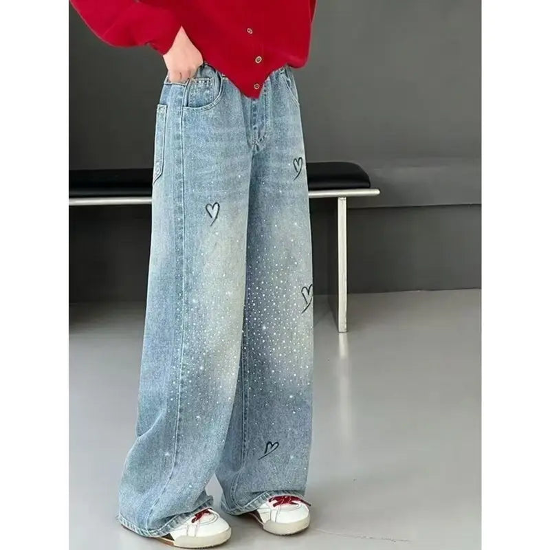 Girls Hot Diamond Jeans Spring 2026 New Big Children Loose Wide-leg Pants Trousers Foreign Style Spring and Autumn Casual Pants