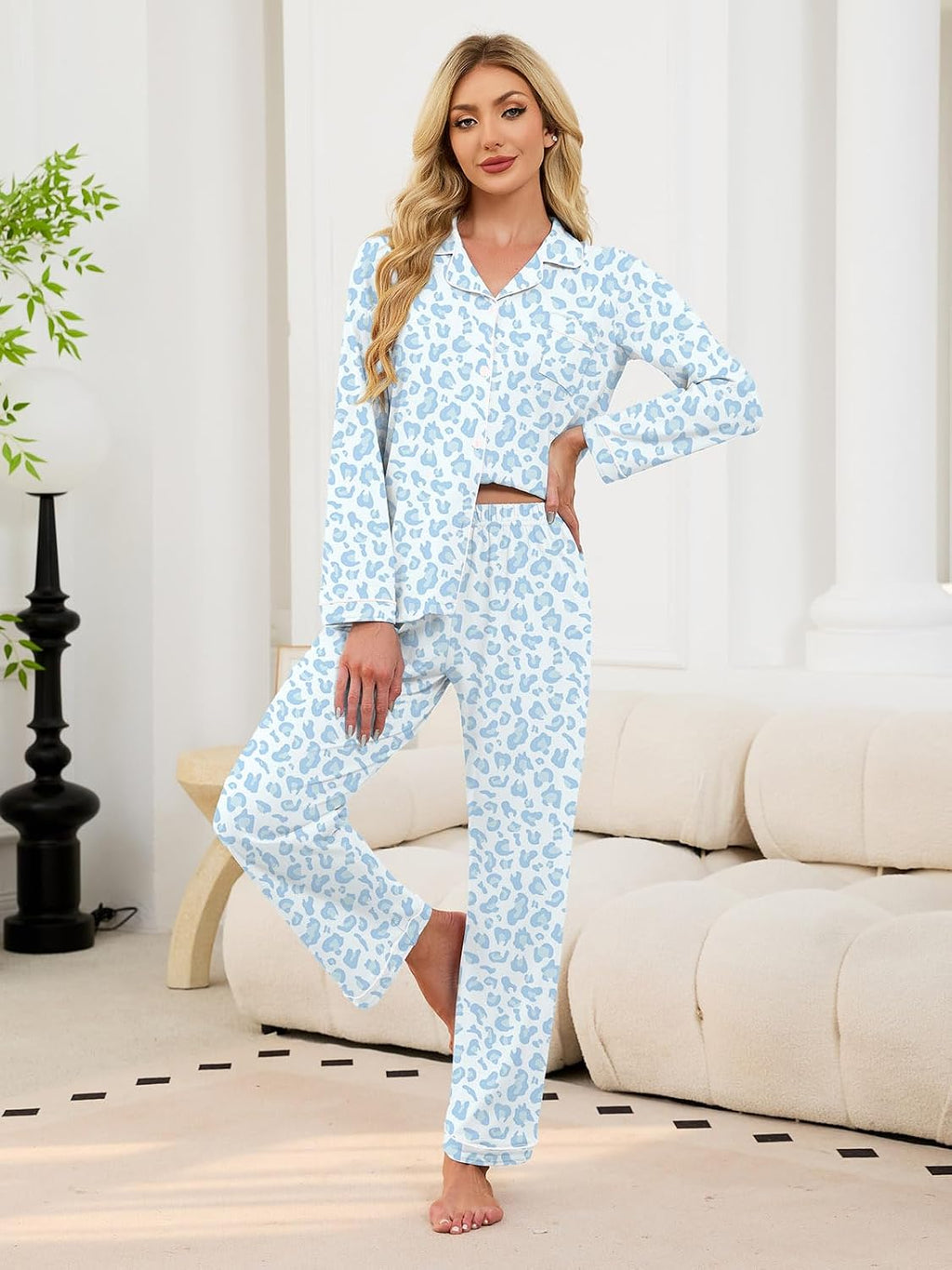 Schbbbta Girls Women Cotton Pajama Set, 2Pcs Soft Stretch Button Down Pjs Long Sleeve Sleepwear, 5 Years-Large
