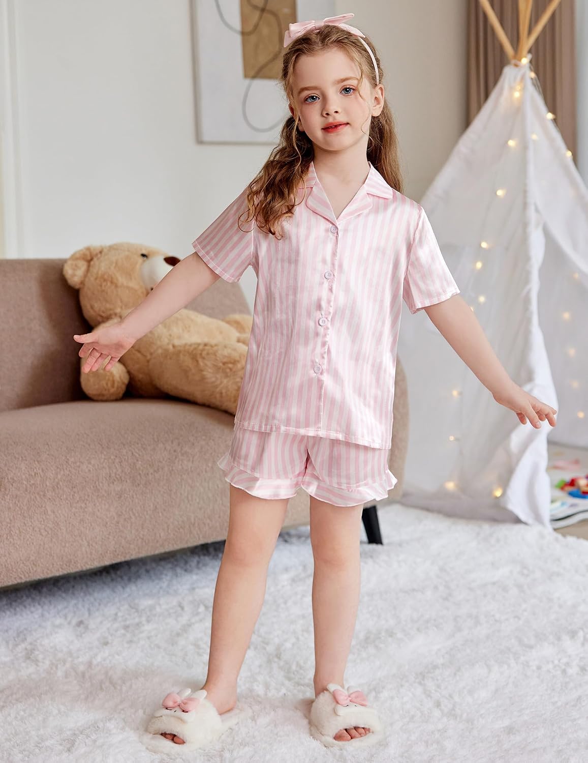 Arshiner Girls Pajamas Satin Pajama Set Silky Button Pjs Ruffle Sleepwear