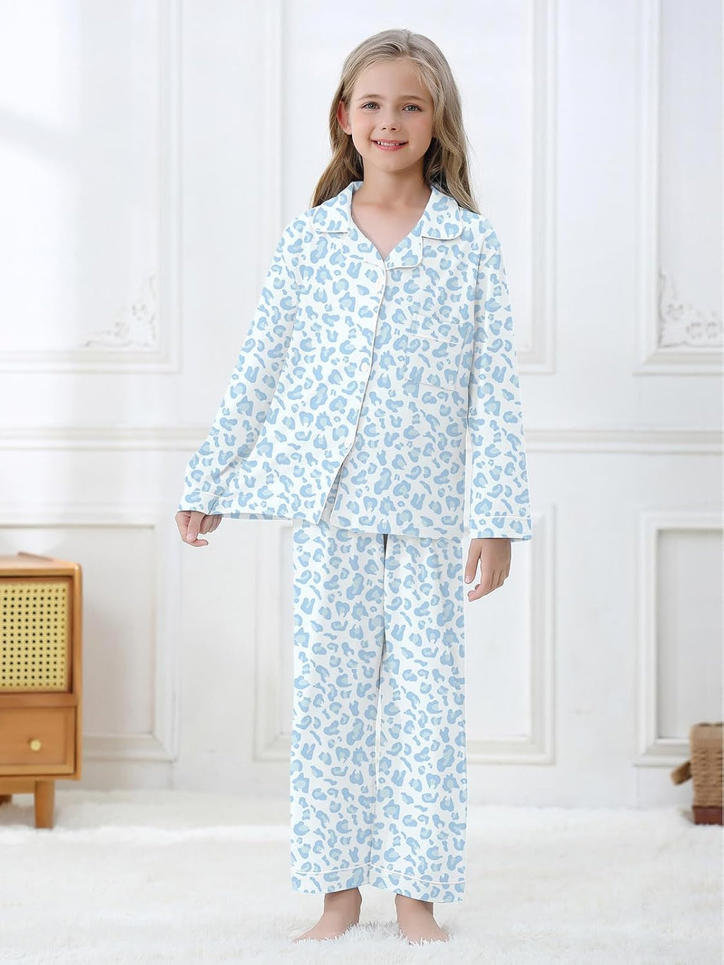 Schbbbta Girls Women Cotton Pajama Set, 2Pcs Soft Stretch Button Down Pjs Long Sleeve Sleepwear, 5 Years-Large