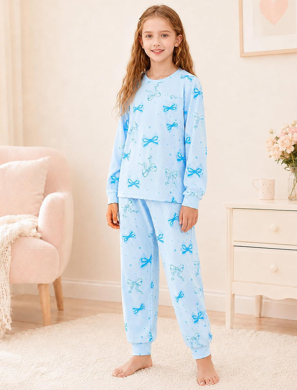 Mikrdoo Girls Pajamas Soft Stretch 2Pc Long Sleeve Top & Pants Size 8-16