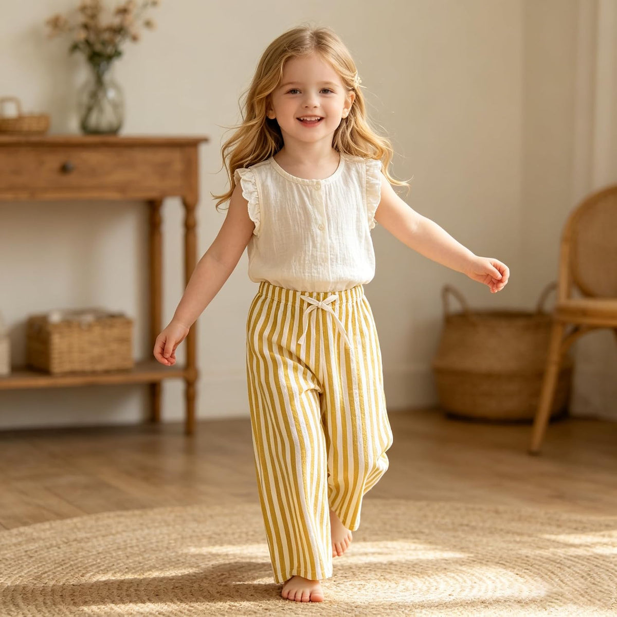 CM C&M WODRO Toddler Boy Girl Pants 2 Pack Stripes Elastic Waist Wide Leg Kids Summer Fall Lightweight Cotton Pants Trousers